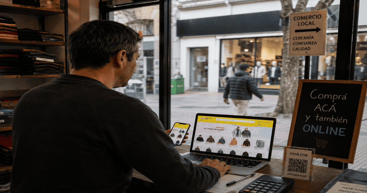 Persona trabajando en su comercio físico mientras gestiona ventas mediante el comercio digital en Concordia.