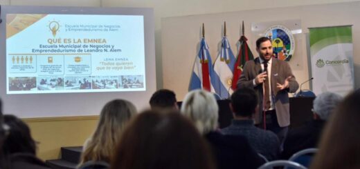 alt="Matías Sebely disertando sobre herramientas para el desarrollo emprendedor local junto a la presentación del modelo EMNEA en Concordia"
