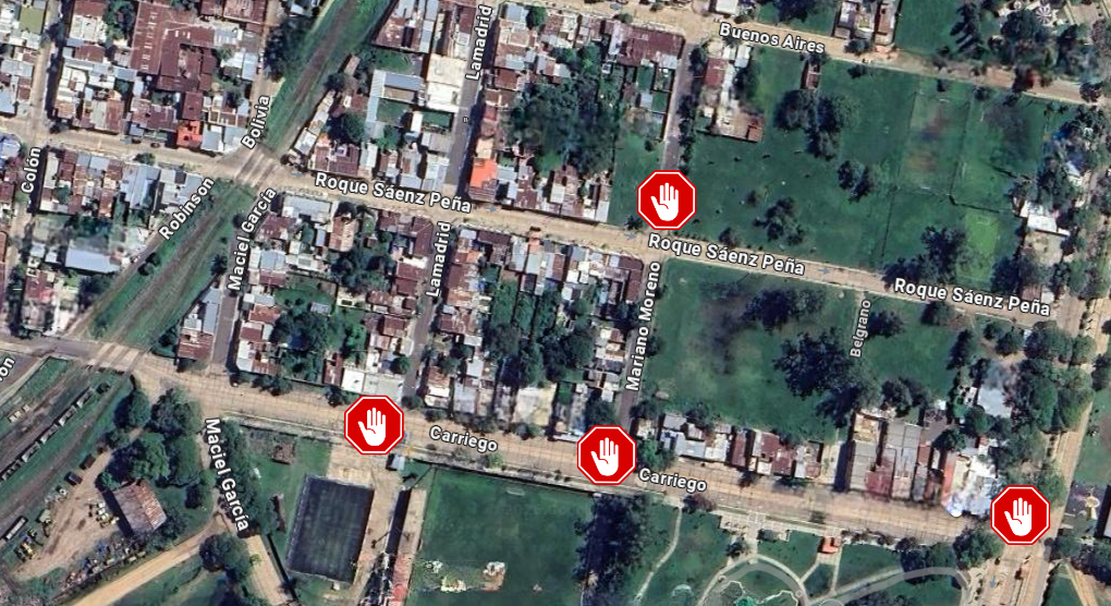 alt="Mapa explicativo de los puntos de bloqueo al tránsito vehicular en Concordia por la fiesta patria"