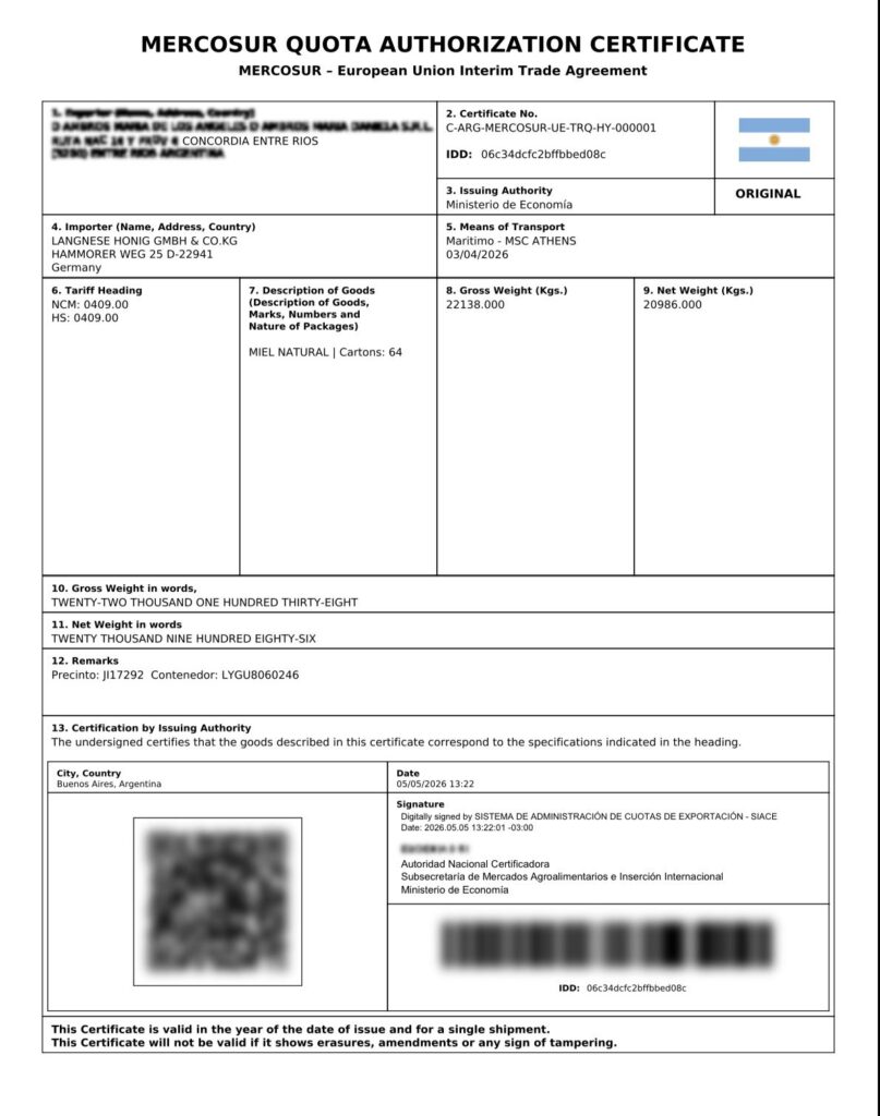 alt="Certificado oficial Mercosur-UE número 1 de exportación de miel de Concordia a Alemania con arancel 0%"