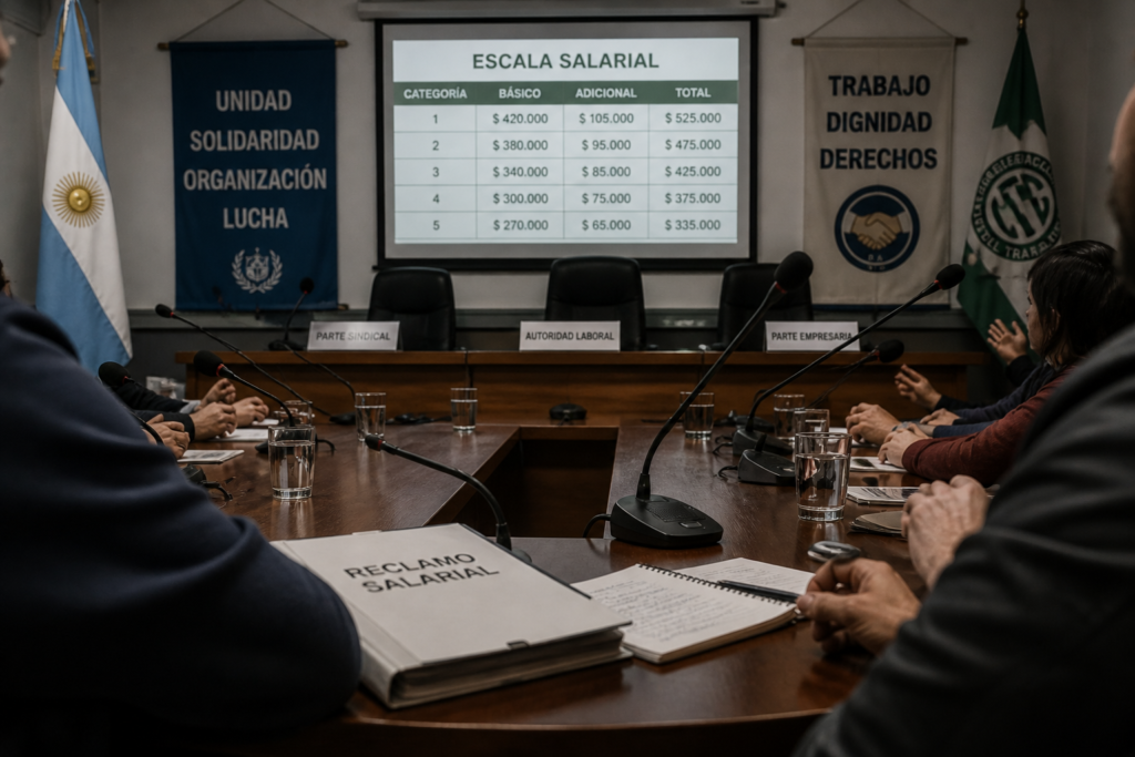alt="Imagen conceptual de una sala de negociación sindical, en referencia al conflicto salarial vinculado al Código 600 de la Municipalidad de Concordia y ATE Concordia"