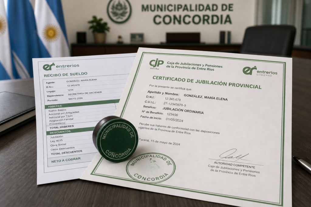 alt="Imagen conceptual de documentos municipales y previsionales superpuestos, representando el Código 600 Municipalidad Concordia y la doble percepción de jubilados funcionarios"