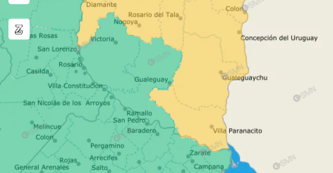 alt="Mapa meteorológico de la provincia de Entre Ríos con áreas resaltadas en amarillo por alerta por tormentas"