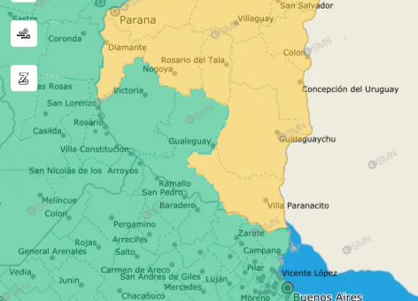 alt="Mapa meteorológico de la provincia de Entre Ríos con áreas resaltadas en amarillo por alerta por tormentas"