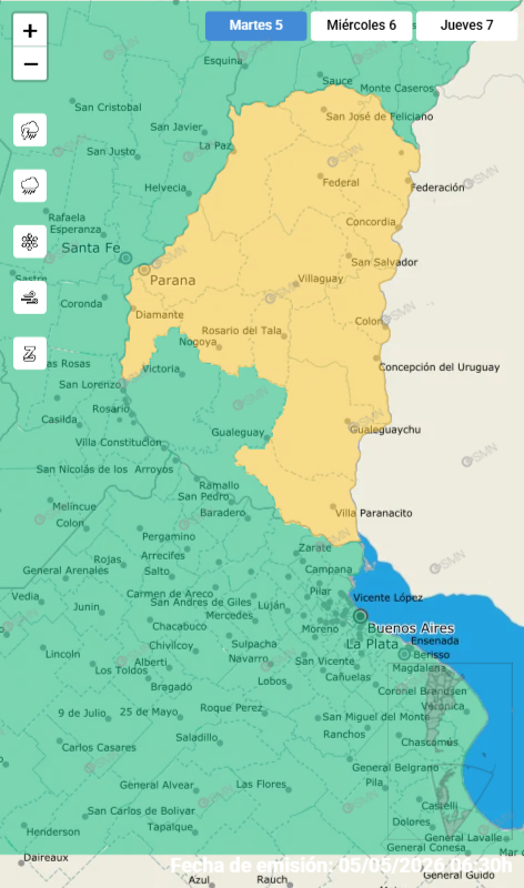 alt="Mapa meteorológico de la provincia de Entre Ríos con áreas resaltadas en amarillo por alerta por tormentas"