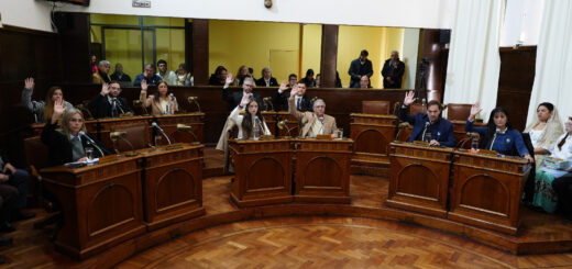 alt="Concejales levantando la mano para votar una ordenanza en el recinto del Concejo Deliberante de Concordia"