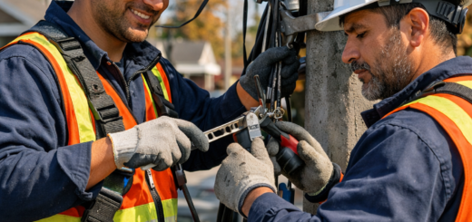 alt="Operarios de servicios públicos trabajando en tendido eléctrico para prevenir un corte de luz en Concordia"