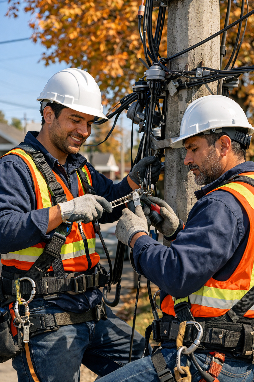 alt="Operarios de servicios públicos trabajando en tendido eléctrico para prevenir un corte de luz en Concordia"
