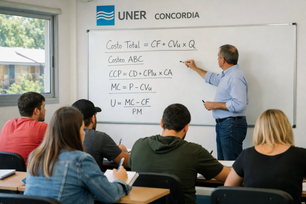 alt="Aula universitaria donde los estudiantes de la carrera de Contador Público asisten a una clase de contabilidad y costos"