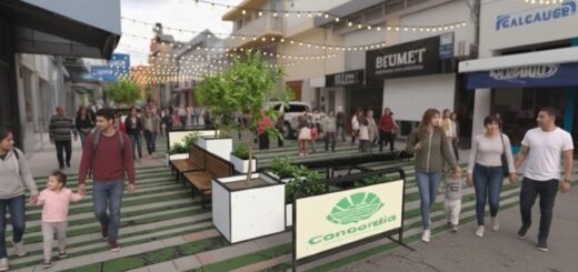 alt="Render del proyecto mostrando la peatonal con módulos, vegetación e iluminación festiva"
