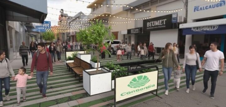 alt="Render del proyecto mostrando la peatonal con módulos, vegetación e iluminación festiva"