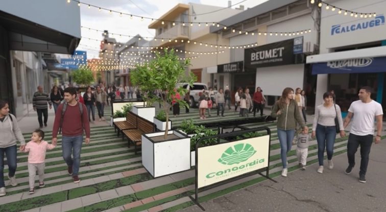 alt="Render del proyecto mostrando la peatonal con módulos, vegetación e iluminación festiva"