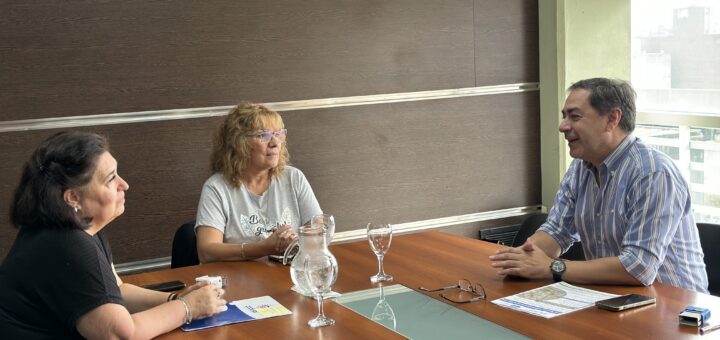 alt="Eduardo Cristina, Andrea Cottonaro y una colaboradora sentados alrededor de una mesa de madera dialogando antes de rubricar el convenio entre Codesal y la Dirección General de Estadística y Censos"
