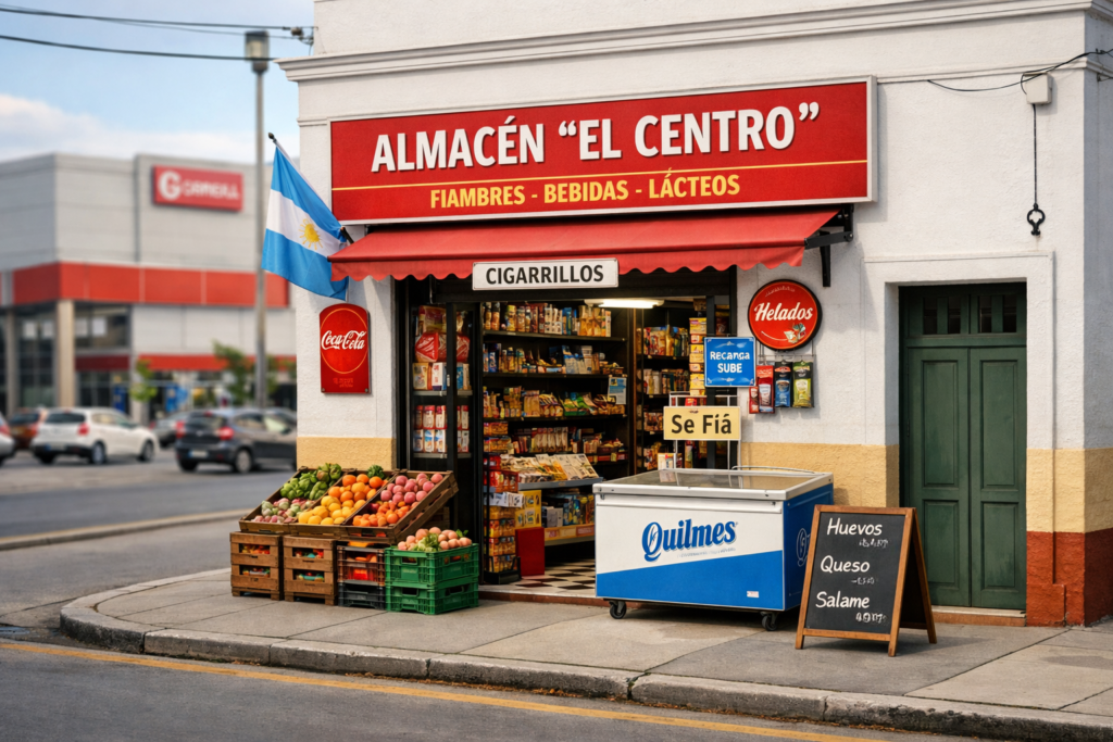 alt="Pequeño comercio minorista tradicional en la ciudad de Concordia en contraste con la construcción de un hipermercado, aludiendo a la ley de grandes superficies"