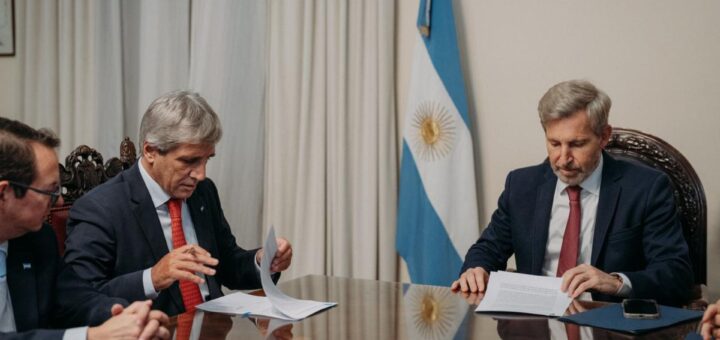 alt="Luis Caputo y Rogelio Frigerio firman el convenio del anticipo financiero a Entre Ríos en Casa de Gobierno"