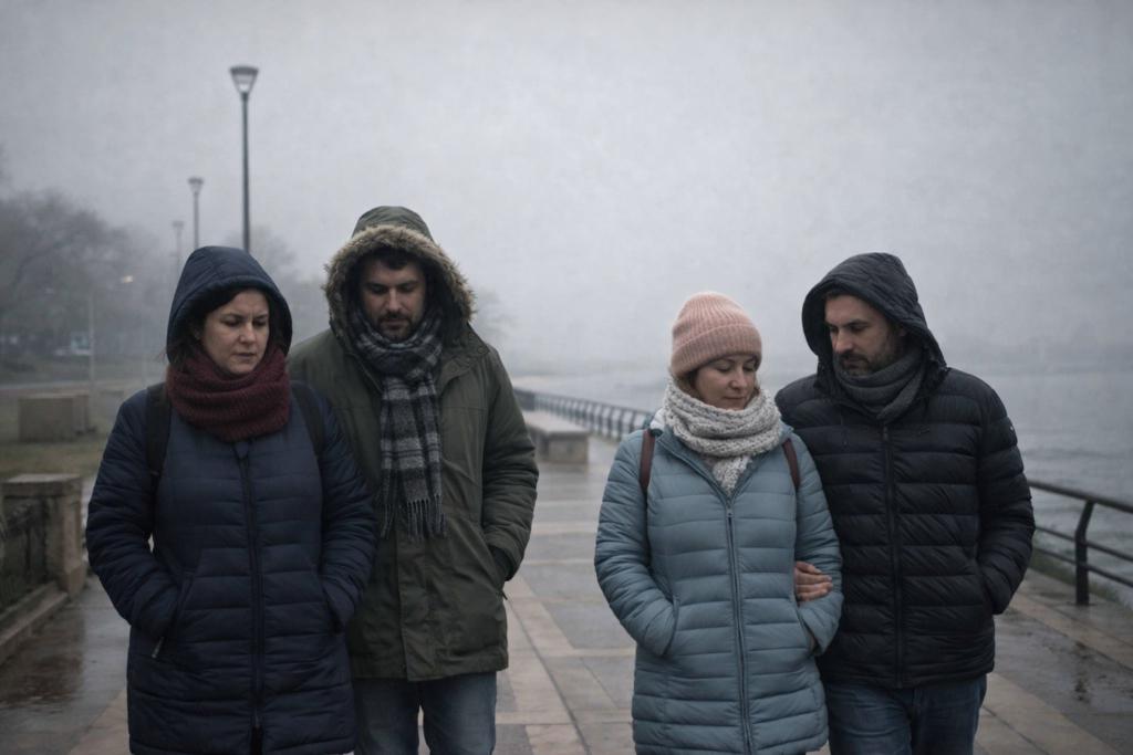 alt="Personas vestidas con abrigos de invierno circulando frente al río durante el período de frío extremo en Entre Ríos"
