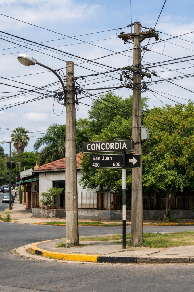 alt="Vista de una calle residencial en la zona afectada por el programado corte de luz en Concordia el 10 de junio"
