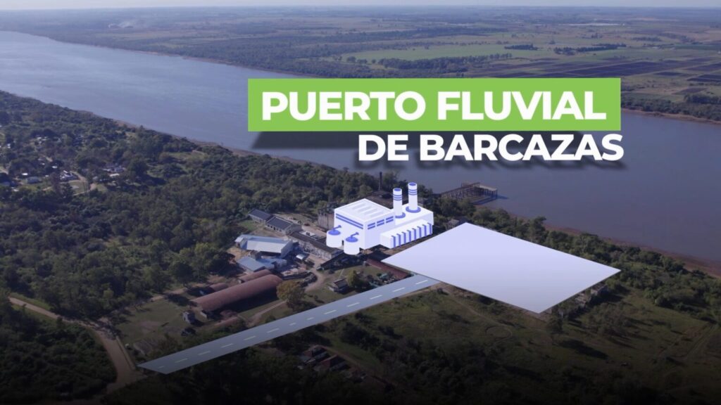 alt="Ilustración del hipotético polo logístico y puerto fluvial de Concordia sobre el río Uruguay, en el predio del exfrigorífico Yuquerí"