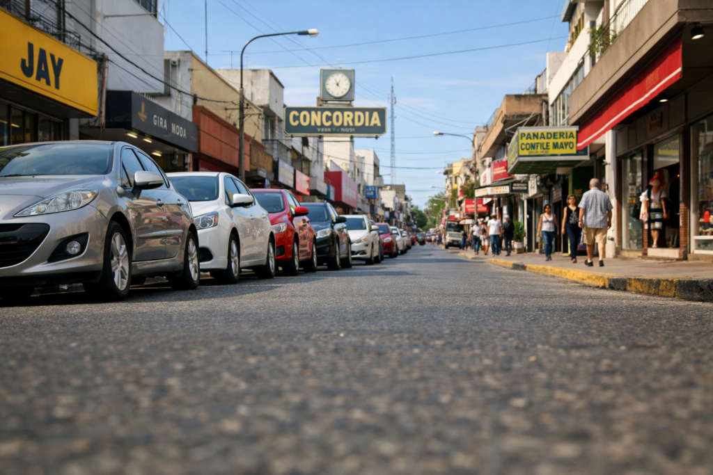 alt="Autos estacionados de manera ordenada en una calle del microcentro comercial donde rige el sistema de estacionamiento medido en Concordia"