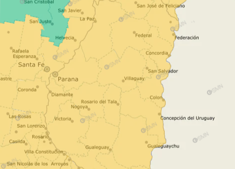 alt="Mapa oficial de la provincia de Entre Ríos bajo alerta amarilla de temperaturas bajas y frío extremo en Entre Ríos"
