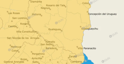 alt="Mapa meteorológico oficial de la provincia de Entre Ríos bajo alerta amarilla por frío en Entre Ríos"