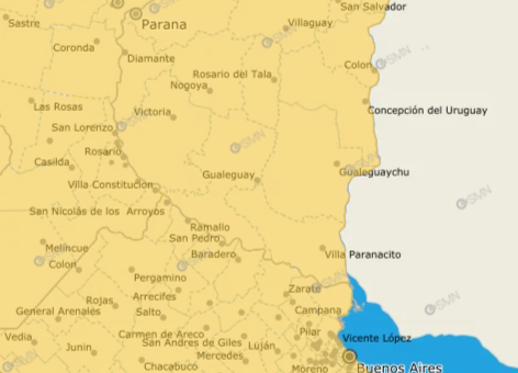 alt="Mapa meteorológico oficial de la provincia de Entre Ríos bajo alerta amarilla por frío en Entre Ríos"