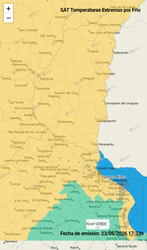 alt="Mapa meteorológico oficial de la provincia de Entre Ríos bajo alerta amarilla por frío en Entre Ríos"