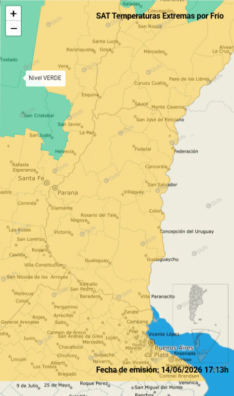 alt="Mapa oficial de la provincia de Entre Ríos bajo alerta amarilla de temperaturas bajas y frío extremo en Entre Ríos"