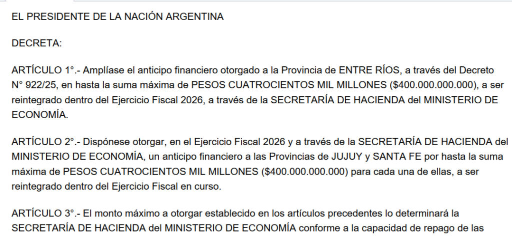 alt="Publicación en el Boletín Oficial del decreto del anticipo financiero a Entre Ríos por $400.000 millones"