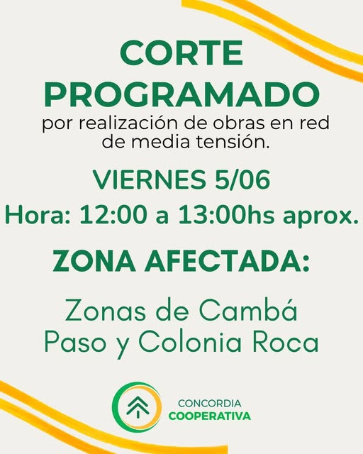 alt="Gráfico informativo de la Cooperativa Eléctrica que detalla las zonas y el horario del corte de luz en Concordia"