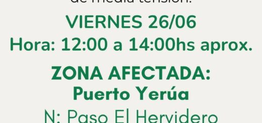 alt="Placa informativa oficial que detalla el corte de energía en Puerto Yerúa el viernes de 12 a 14 horas"