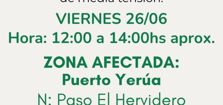 alt="Placa informativa oficial que detalla el corte de energía en Puerto Yerúa el viernes de 12 a 14 horas"