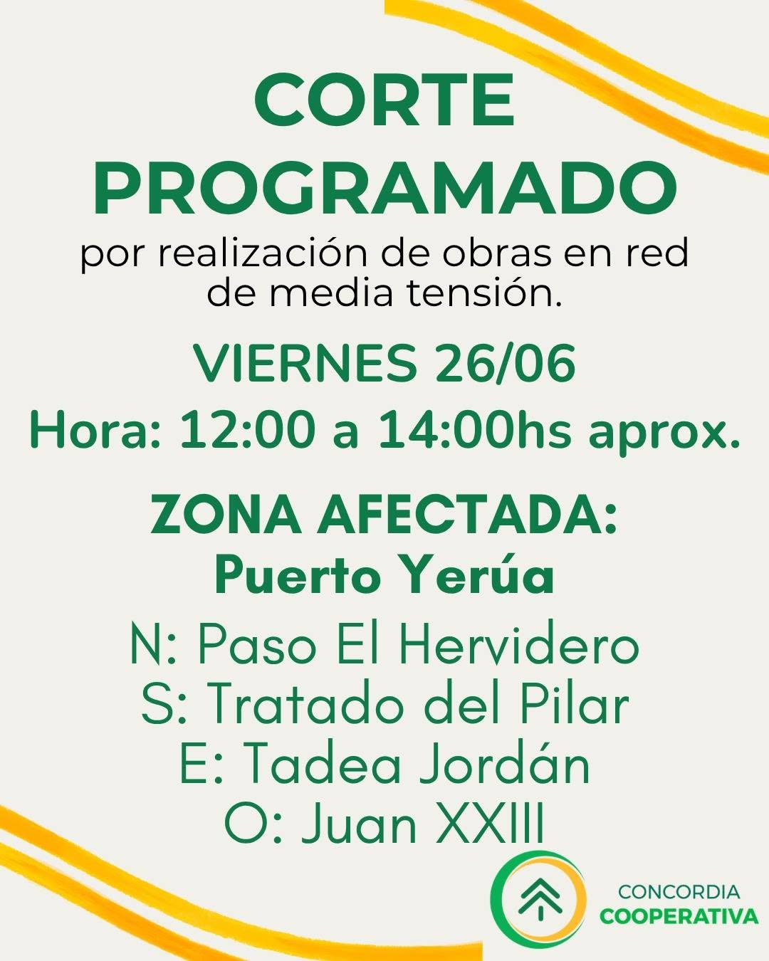 alt="Placa informativa oficial que detalla el corte de energía en Puerto Yerúa el viernes de 12 a 14 horas"