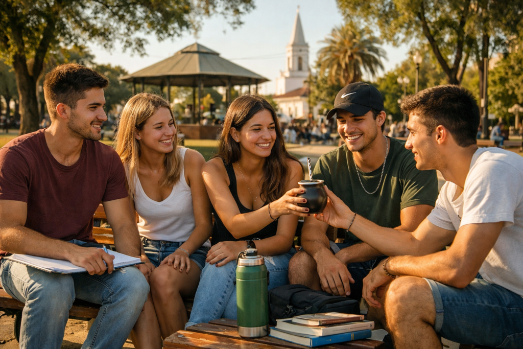 alt="Estudiantes en una plaza de Concordia compartiendo mate, ilustrando los cambios en las creencias de los argentinos jóvenes"