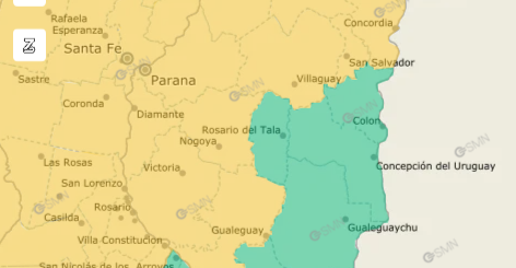 alt="Captura de pantalla del mapa oficial del SMN con las regiones pintadas según los niveles de la alerta por tormentas en Entre Ríos"