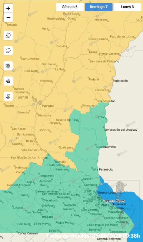 alt="Captura de pantalla del mapa oficial del SMN con las regiones pintadas según los niveles de la alerta por tormentas en Entre Ríos"