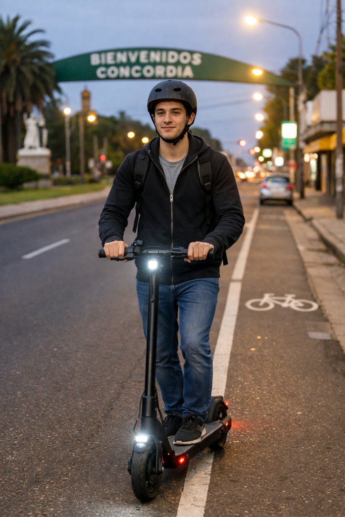 alt="Conductor con casco y elementos de seguridad en uno de los monopatines eléctricos en Concordia"