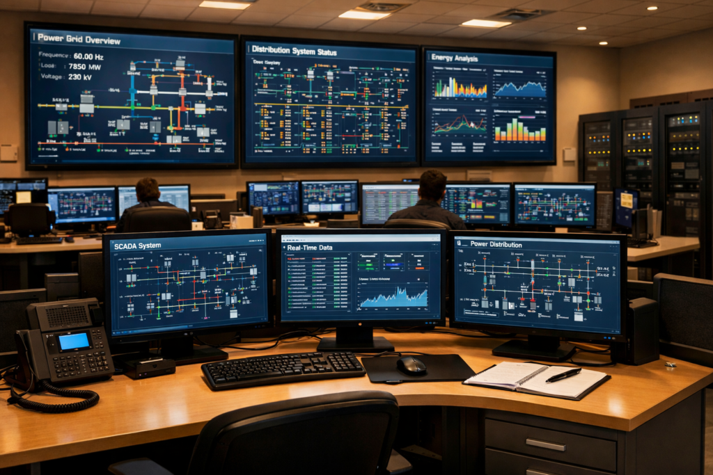 alt="Panel técnico y sala de control que ilustra el proceso de control posterior a la compra de energía de la Cooperativa en el mercado eléctrico"