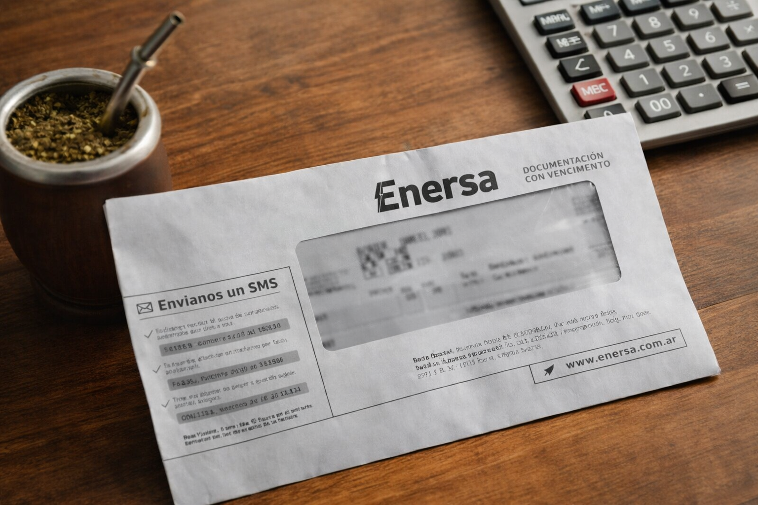 alt="Sobre con factura de electricidad y calculadora sobre una mesa, representando el costo de las tarifas de luz en Entre Ríos"